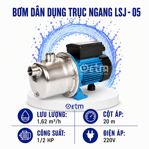 BƠM DÂN DỤNG TRỤC NGANG ĐẦU INOX THÂN BẰNG GANG LSJ-05